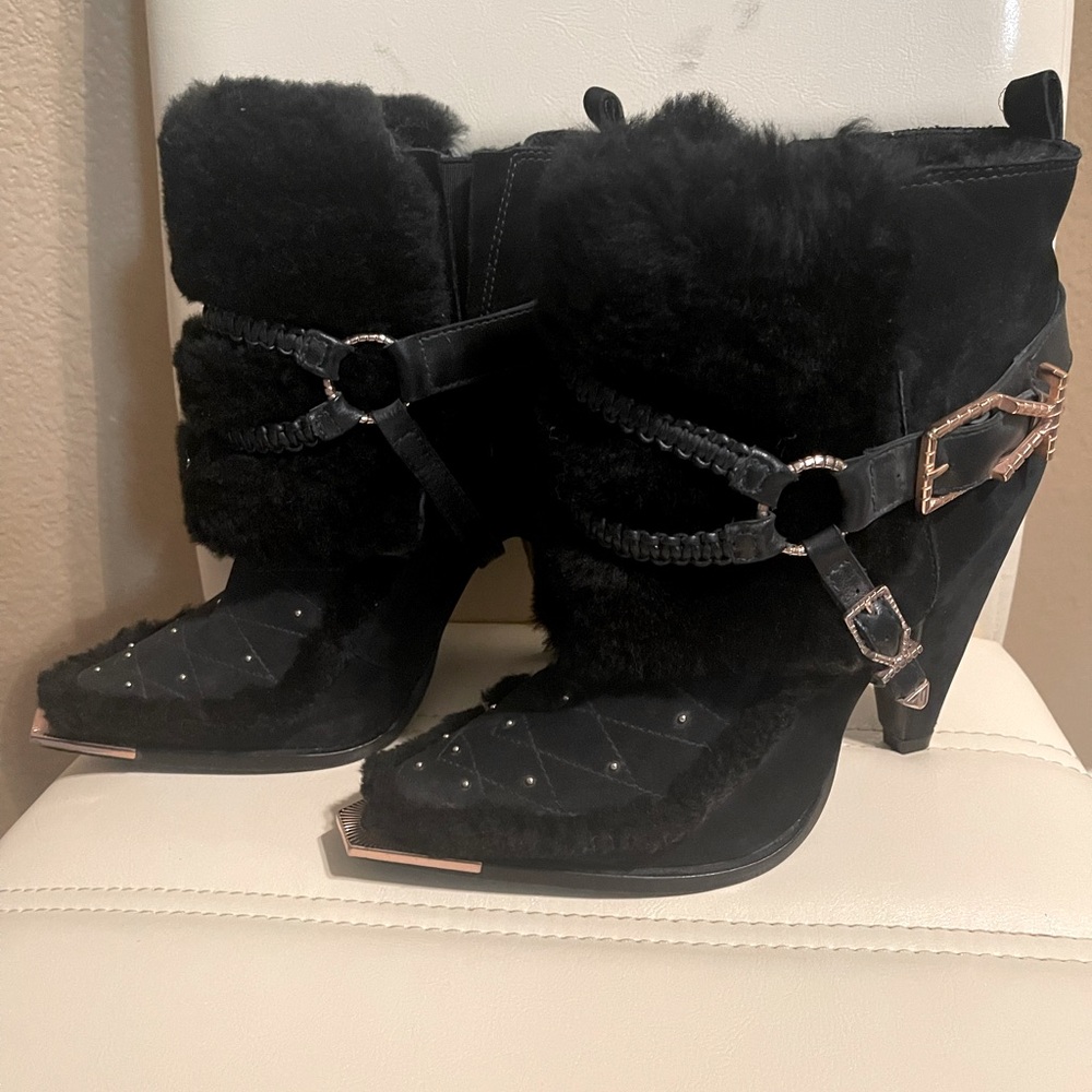 Ivy Kirzhner Black Suede Sheepskin Boots Rose Gold Hardware